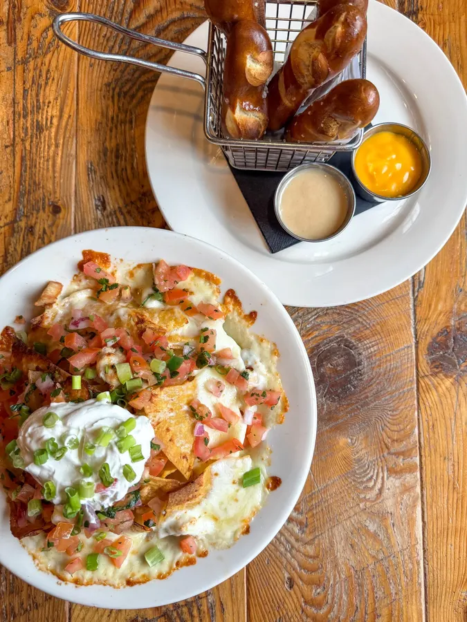Loaded nachos and baked pretzel sticks